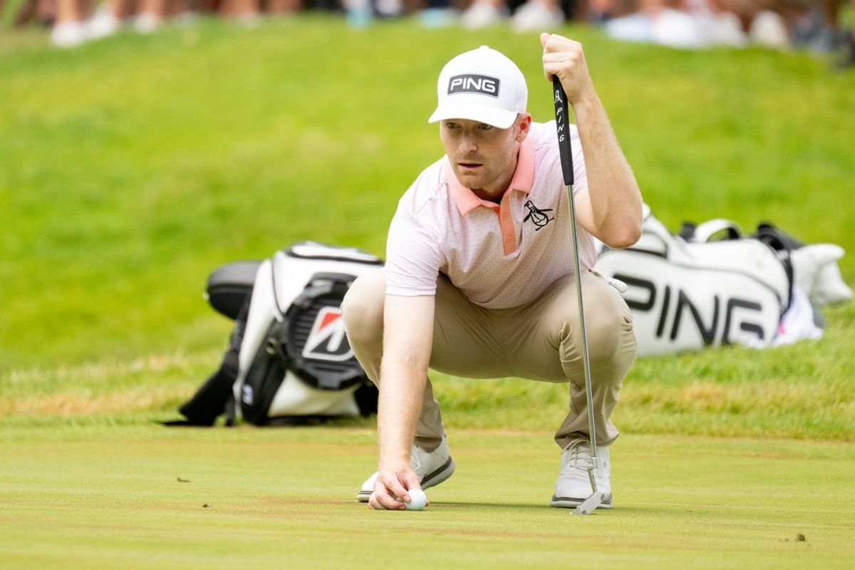 Jul 6, 2025; Silvis, Illinois, USA; Brian Campbell lines up a putt on the 9th hole during the final round of the John Deere Classic golf tournament. Mandatory Credit: Marc Lebryk-Imagn Images