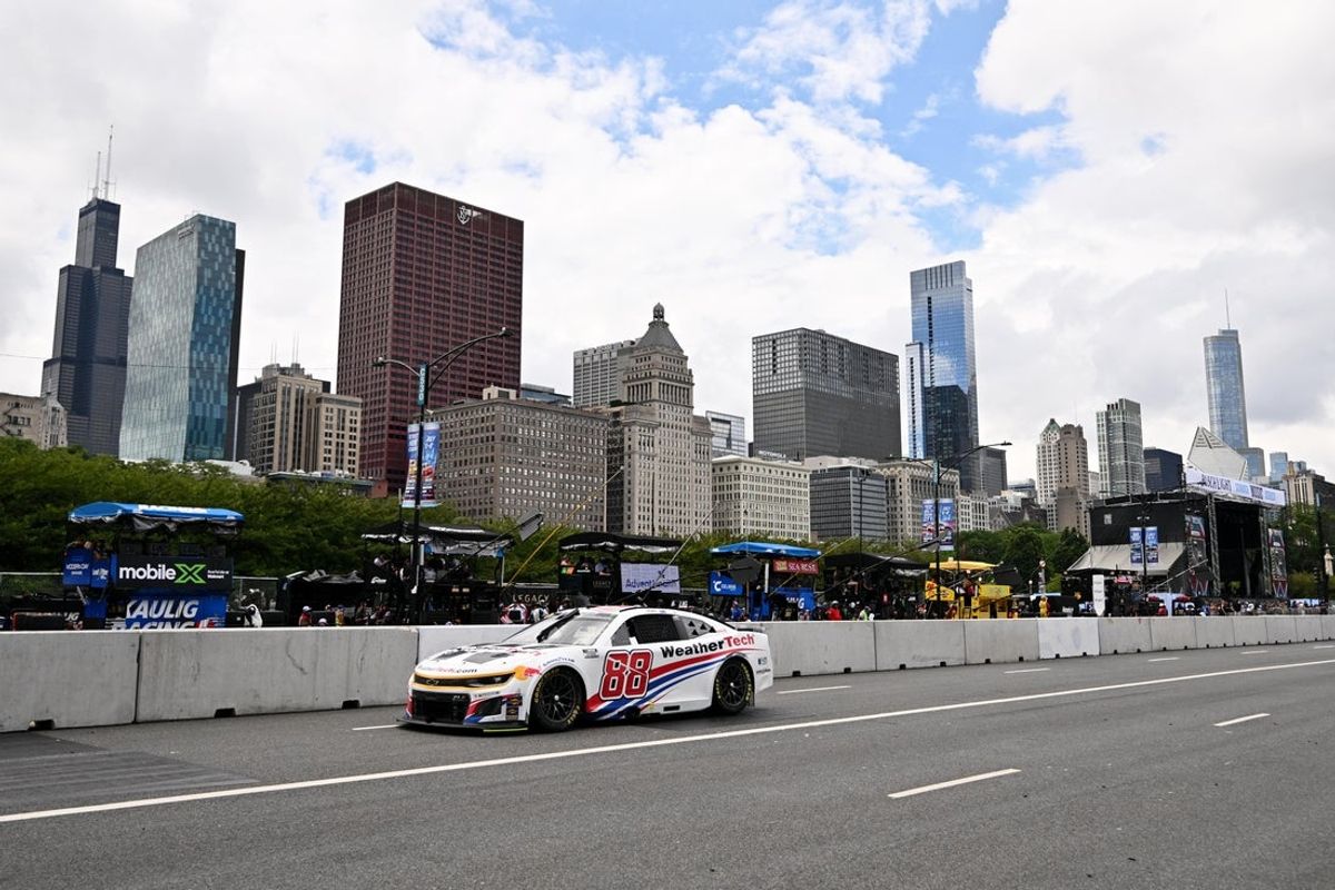 Jul 6, 2025; Chicago, Illinois, USA; NASCAR Cup Series driver Shane van Gisbergen (88) drives during the Grant Park 165 at Chicago Street Race. Mandatory Credit: Daniel Bartel-Imagn Images