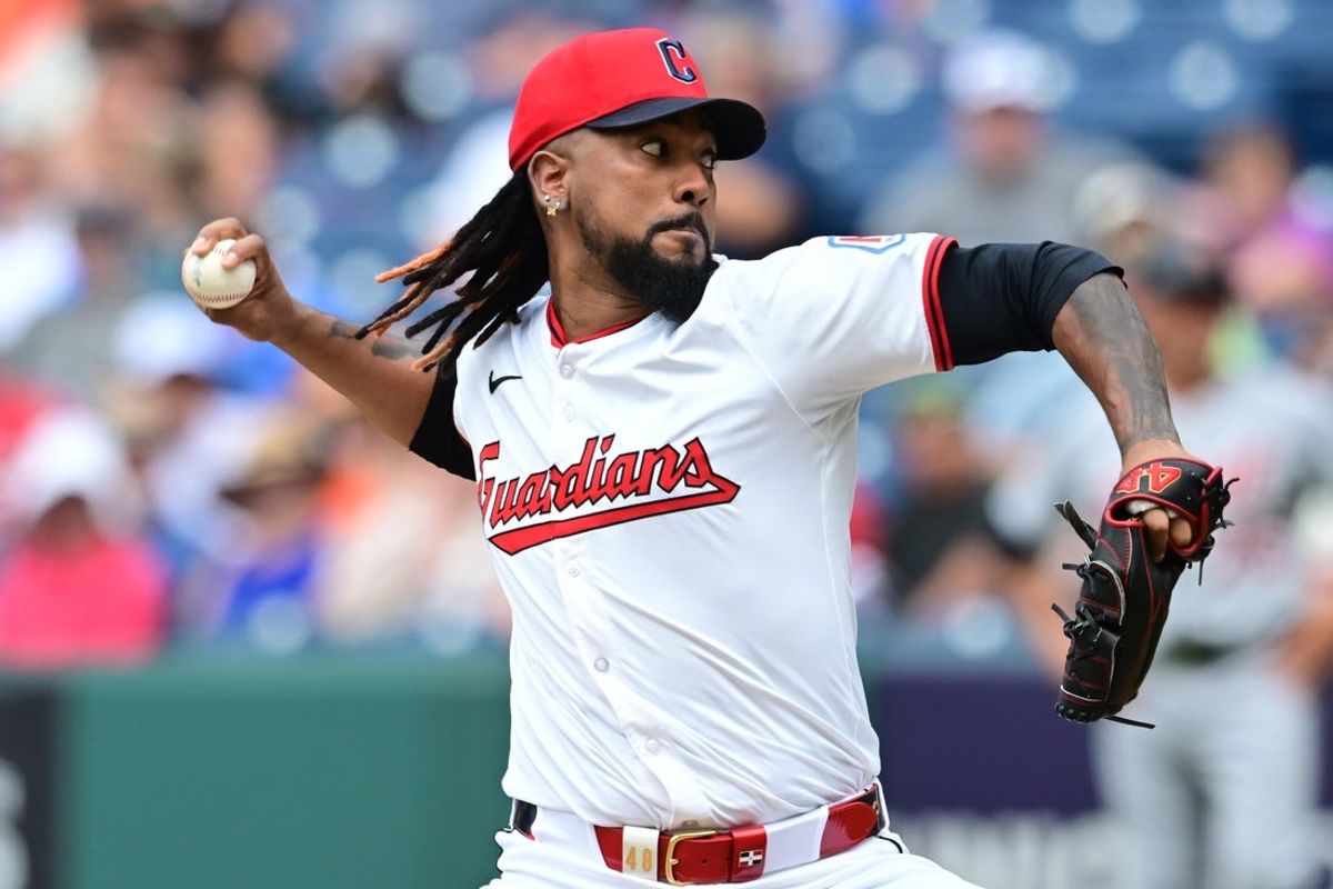 Jul 6, 2025; Cleveland, Ohio, USA; Cleveland Guardians relief pitcher Emmanuel Clase (48) throws a pitch during the ninth inning against the Detroit Tigers at Progressive Field. Mandatory Credit: Ken Blaze-Imagn Images