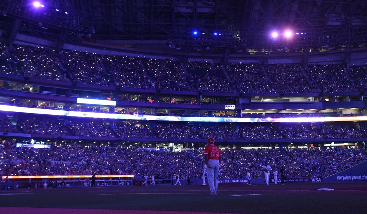 Jul 6, 2025; Toronto, Ontario, CAN;  A general view of the stands being lit up to welcome Toronto Blue Jays relief pitcher Jeff Hoffman before the ninth inning against the Los Angeles Angels at Rogers Centre. Mandatory Credit: Dan Hamilton-Imagn Images