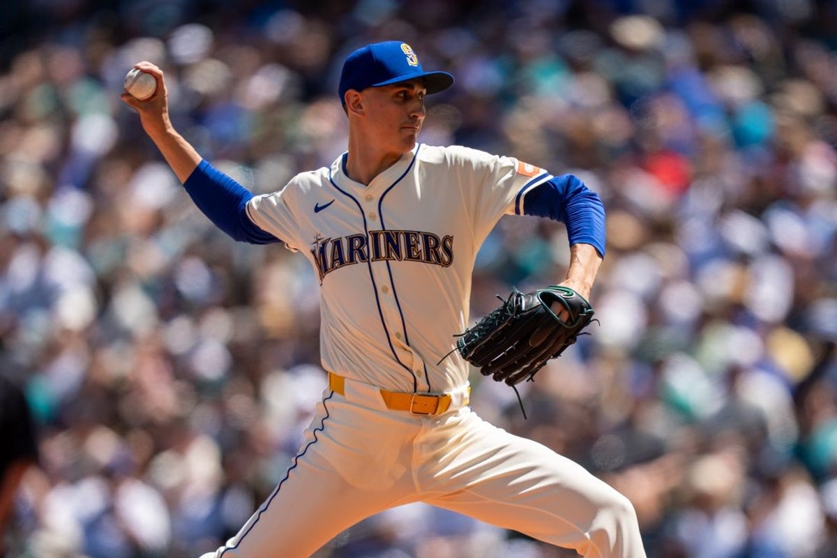 Jul 6, 2025; Seattle, Washington, USA; Seattle Mariners starter George Kirby (68) delivers a pitch during the second inning against the Pittsburgh Pirates at T-Mobile Park. Mandatory Credit: Stephen Brashear-Imagn Images