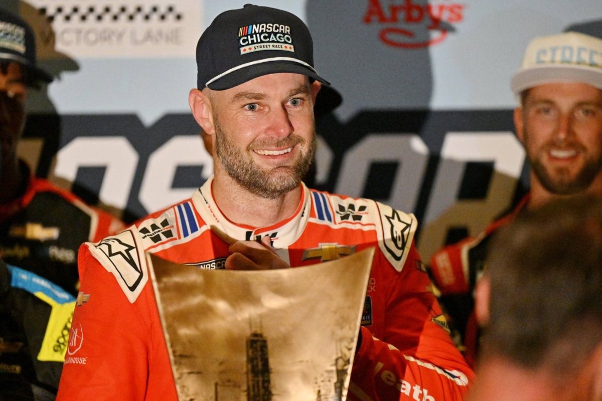 Jul 6, 2025; Chicago, Illinois, USA; NASCAR Cup Series driver Shane van Gisbergen (88) after winning the Grant Park 165 at Chicago Street Race. Mandatory Credit: Daniel Bartel-Imagn Images