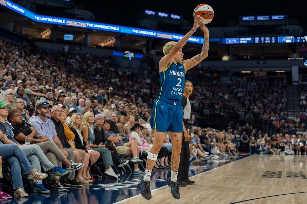 Jul 6, 2025; Minneapolis, Minnesota, USA; Minnesota Lynx guard Natisha Hiedeman (2) shoots against the Chicago Sky in the fourth quarter at Target Center. Mandatory Credit: Matt Blewett-Imagn Images