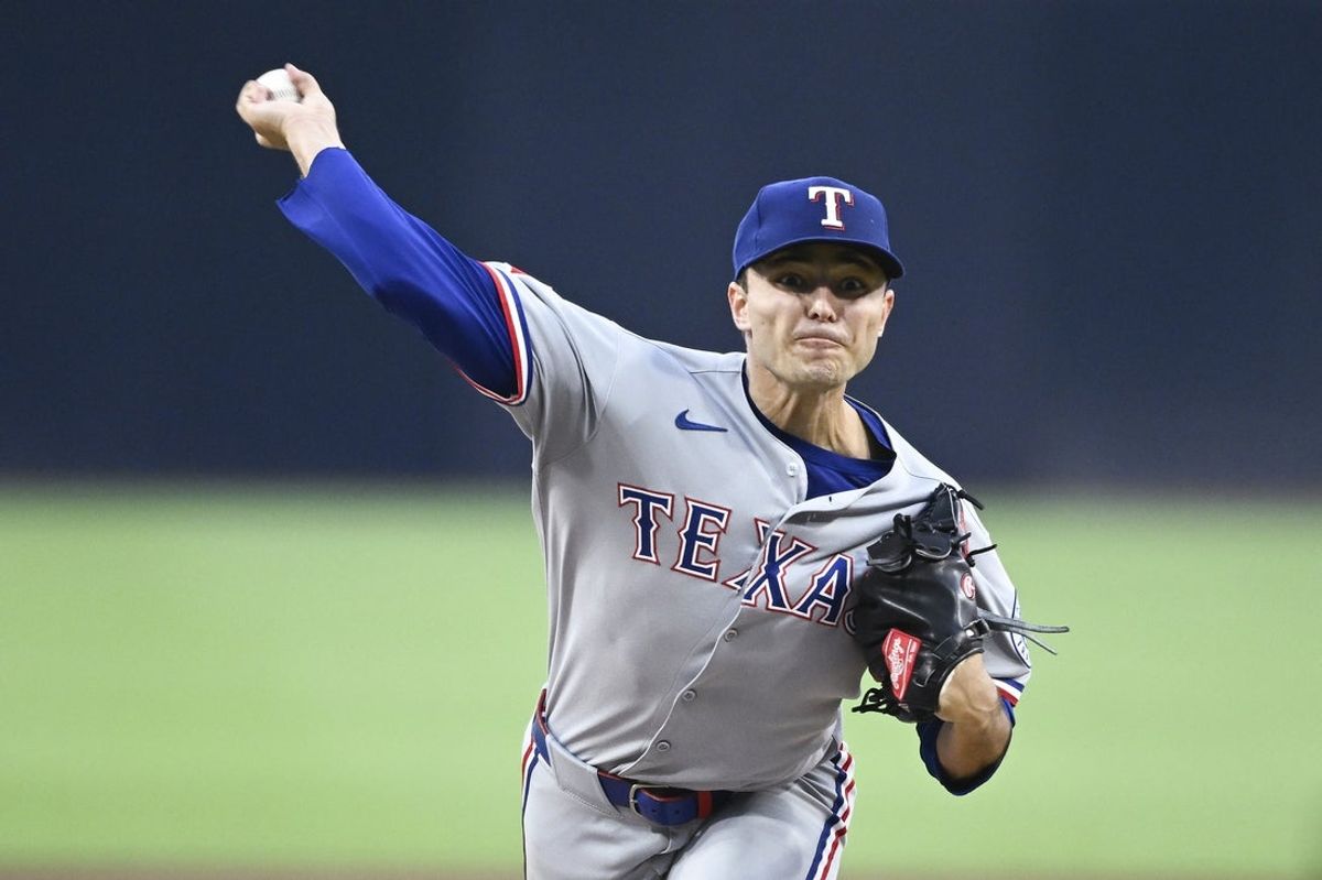 Jul 6, 2025; San Diego, California, USA; Texas Rangers starting pitcher Jack Leiter (35) delivers during the fifth inning against the San Diego Padres at Petco Park. Mandatory Credit: Denis Poroy-Imagn Images