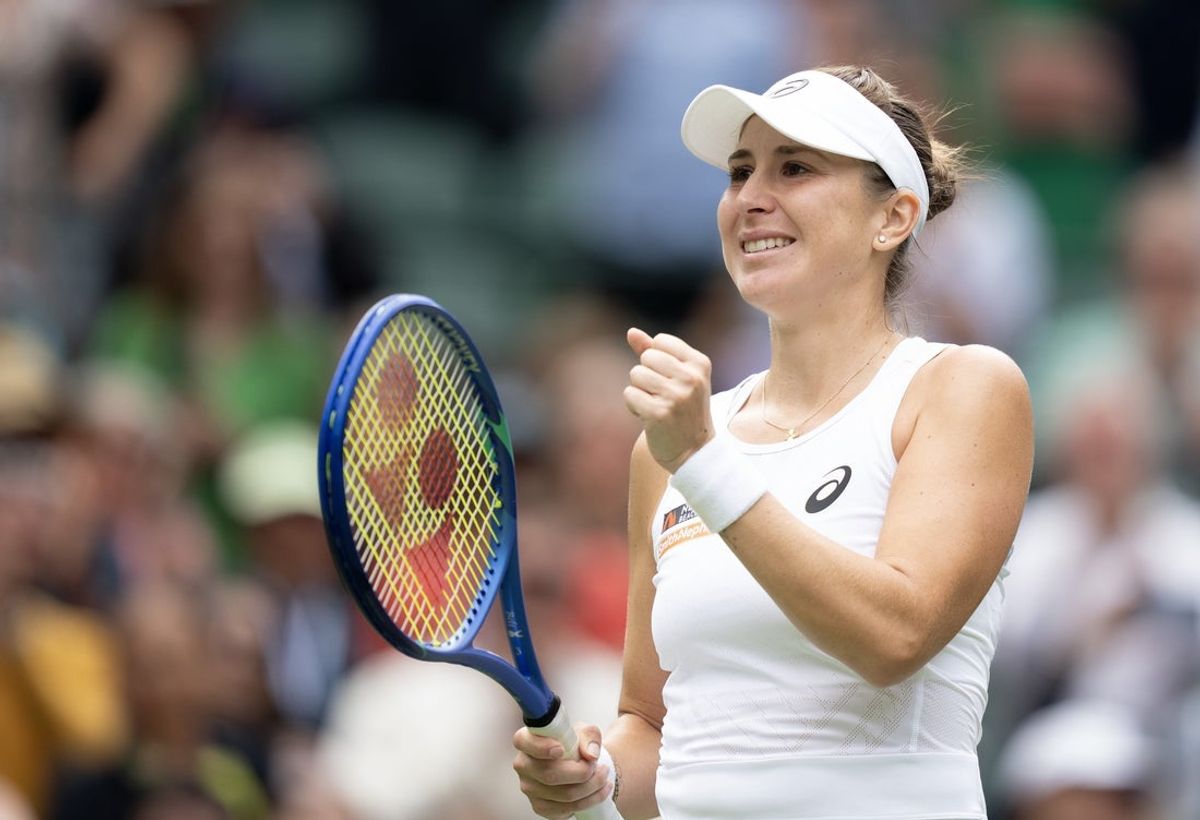 Jul 7, 2025; Wimbledon, United Kingdom; Belinda Bencic of Switzerland celebrates winning her match against Ekaterina Alexandrova on day eight at All England Lawn Tennis and Croquet Club. Mandatory Credit: Susan Mullane-Imagn Images