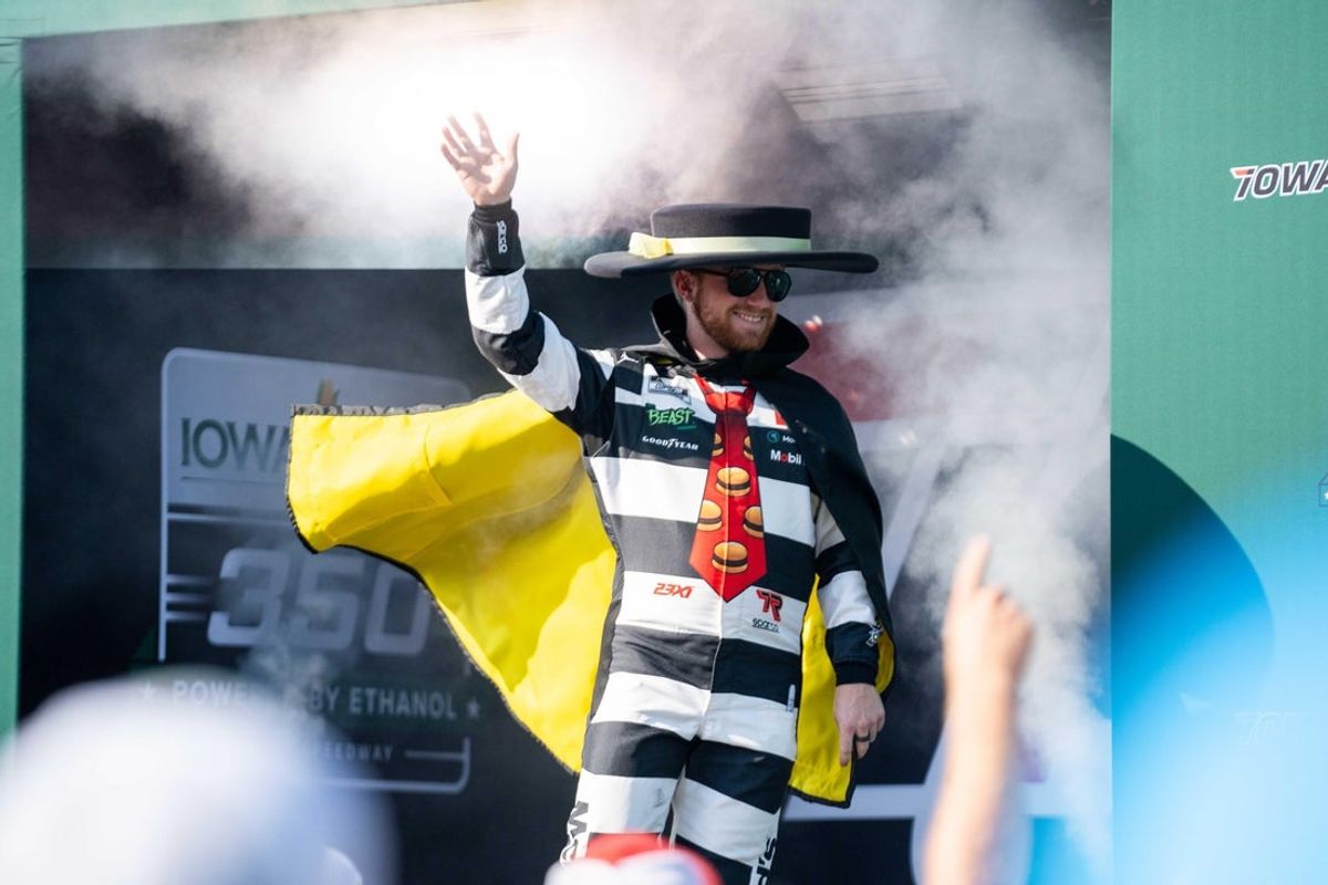 NASCAR Cup Series driver Tyler Reddick (45) is introduced wearing a Hamburglar costume on Sunday, June 16, 2024, at the Iowa Speedway in Newton.
