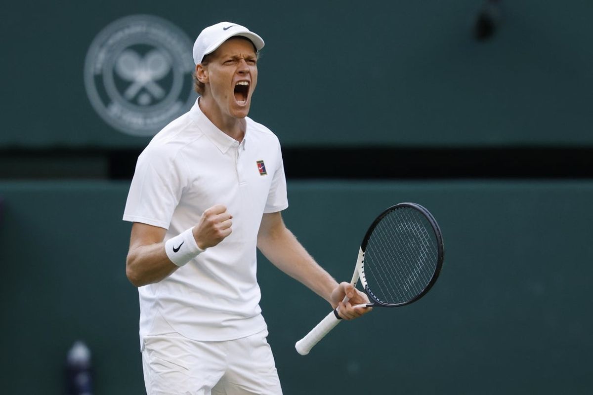 Jul 7, 2025; Wimbledon, United Kingdom; Jannik Sinner (ITA) reacts after breaking serve in the second set against Grigor Dimitrov (BUL)(not pictured) on day eight of The Championships Wimbledon 2025 at All England Lawn Tennis and Croquet Club. Mandatory Credit: Geoff Burke-Imagn Images