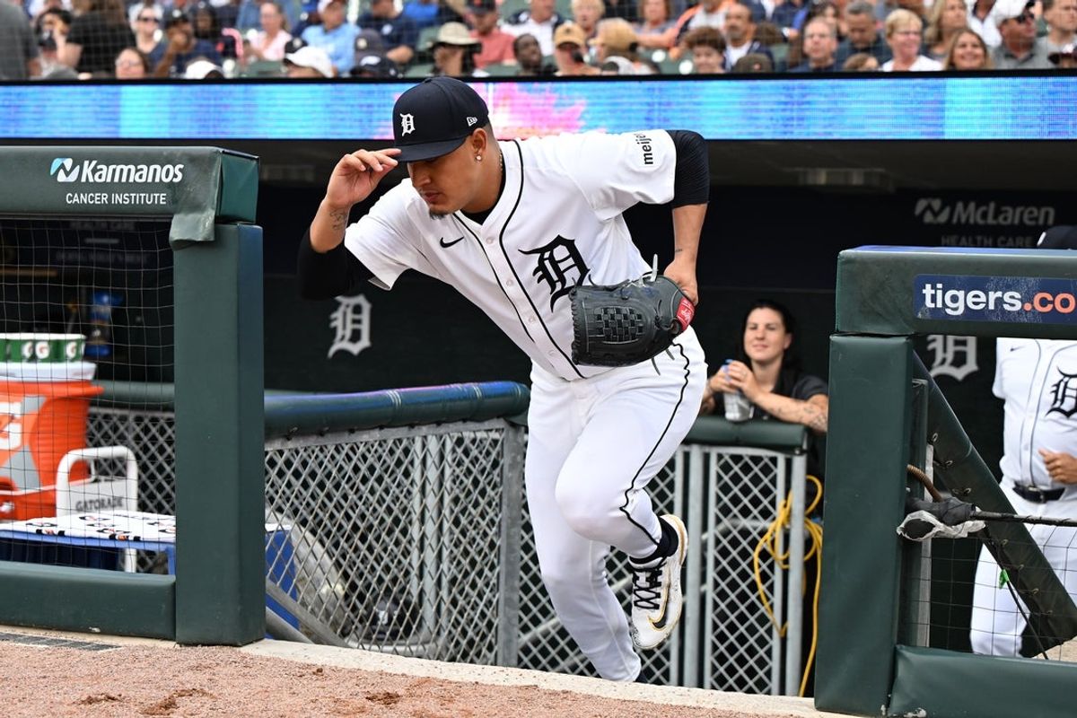 Jul 7, 2025; Detroit, Michigan, USA; Detroit Tigers starting pitcher Keider Montero (54) runs out of the dugout to pitch against the Tampa Bay Rays in the first inning at Comerica Park. Mandatory Credit: Lon Horwedel-Imagn Images