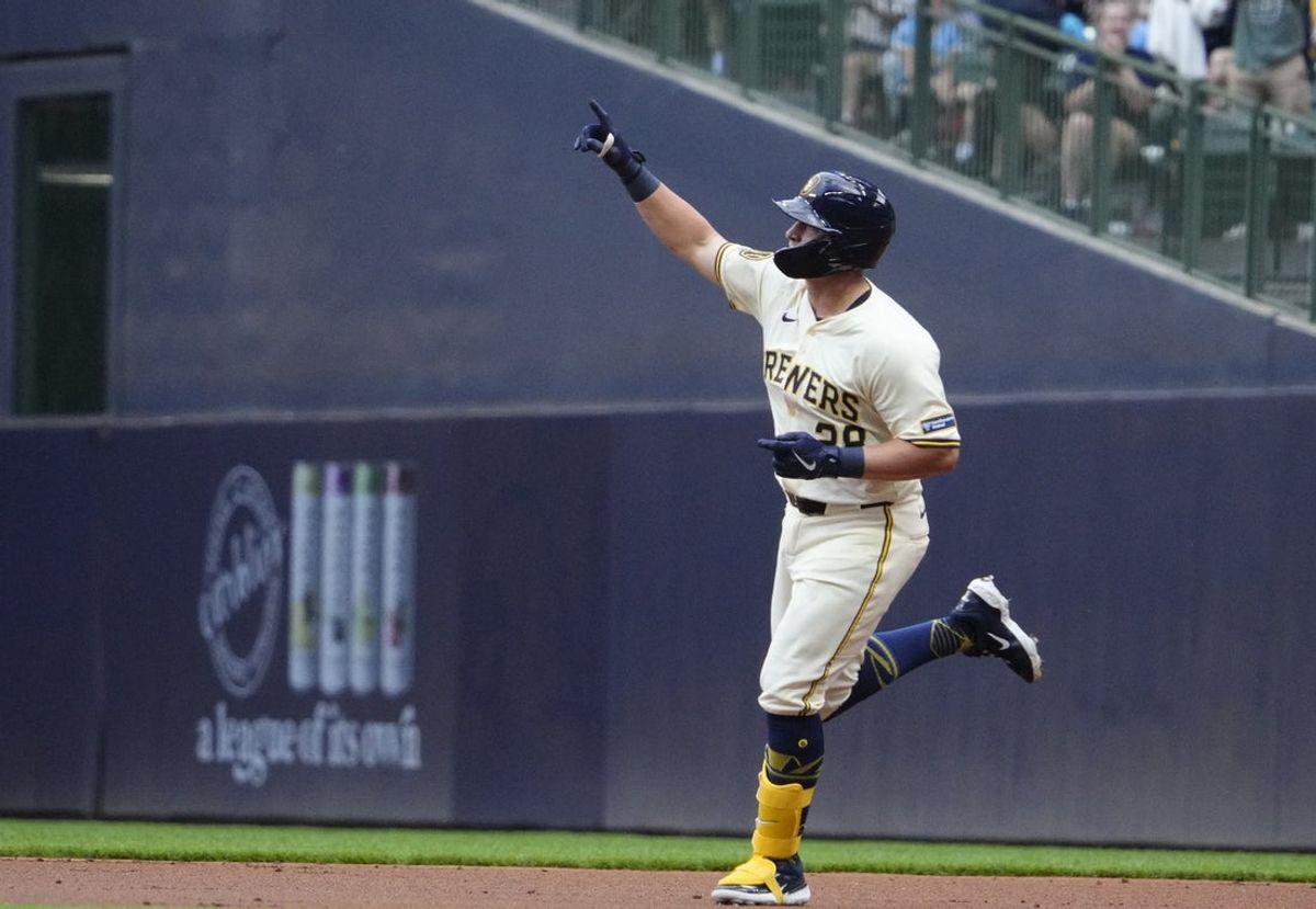 Jul 7, 2025; Milwaukee, Wisconsin, USA; Milwaukee Brewers first baseman Andrew Vaughn (28) rounds the bases after hitting a home run against the Los Angeles Dodgers in the first inning at American Family Field. Mandatory Credit: Michael McLoone-Imagn Images