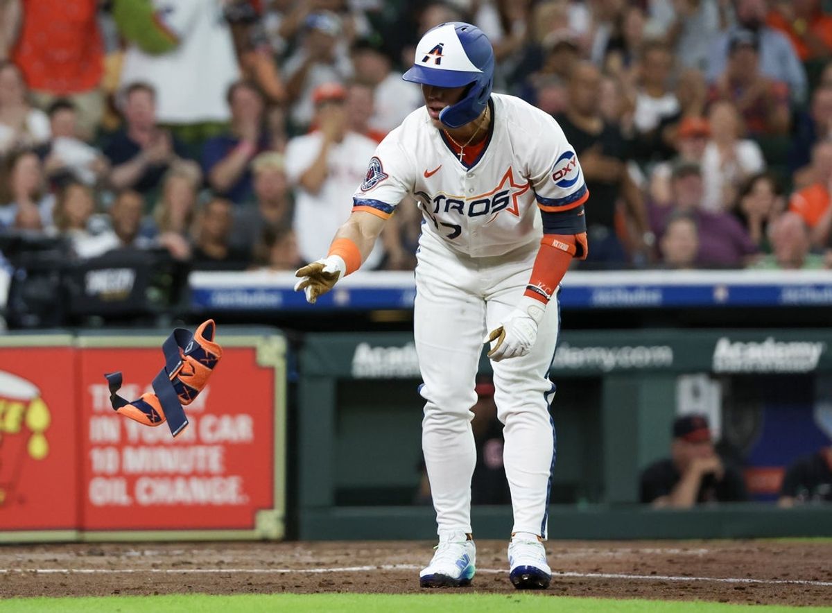 Jul 7, 2025; Houston, Texas, USA;  Houston Astros center fielder Kenedy Corona (47) walks at his first major league at bat against the Cleveland Guardians  in the third inning at Daikin Park. Mandatory Credit: Thomas Shea-Imagn Images