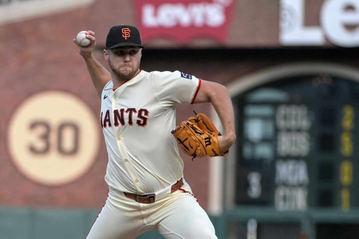 Jul 7, 2025; San Francisco, California, USA; San Francisco Giants pitcher Landen Roupp (65) throws a pitch against the Philadelphia Phillies during the first inning at Oracle Park. Mandatory Credit: Ed Szczepanski-Imagn Images