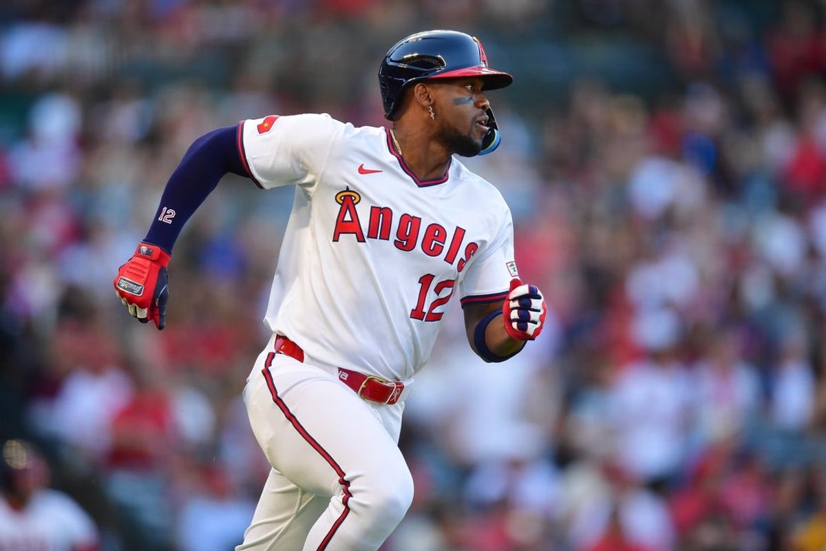 Jul 7, 2025; Anaheim, California, USA; Los Angeles Angels right fielder Jorge Soler (12) runs after hitting a double against the Texas Rangers during the second inning at Angel Stadium. Mandatory Credit: Gary A. Vasquez-Imagn Images