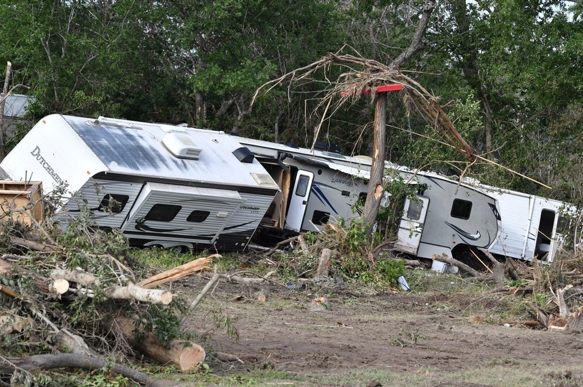 An RV is mangled and destroyed inside the Guadalupe Keys RV Resort, in Center Point, Texas on July 7, 2025 after catastrophic flooding of the Guadalupe River last week.
