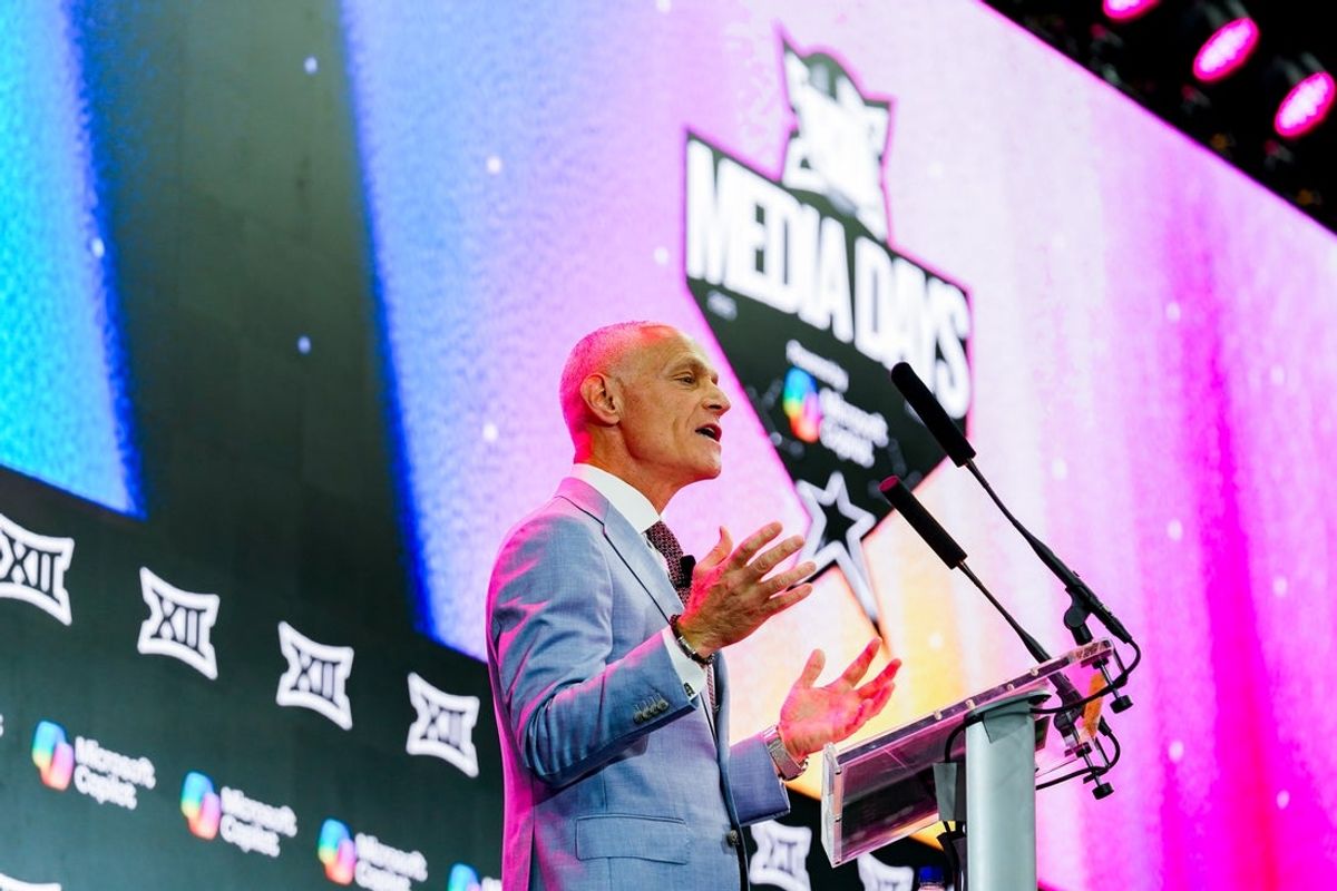 Jul 8, 2025; Frisco, TX, USA; Big 12 Commissioner Brett Yormark addresses the media during the 2025 Big 12 Football Media Days at The Star. Mandatory Credit: Raymond Carlin III-Imagn Images