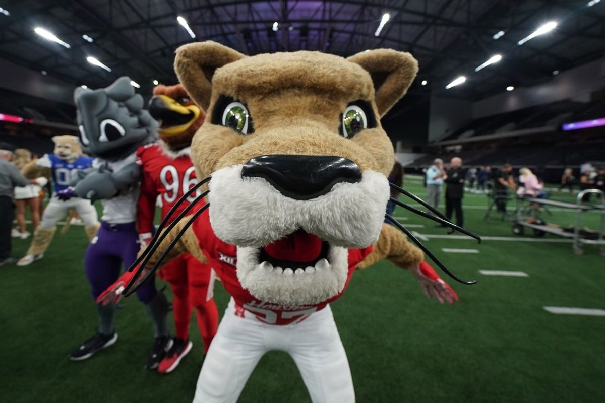 Jul 8, 2025; Frisco, TX, USA; Shasta the Houston Cougars mascot poses for a picture during 2025 Big 12 Football Media Days at The Star. Mandatory Credit: Raymond Carlin III-Imagn Images