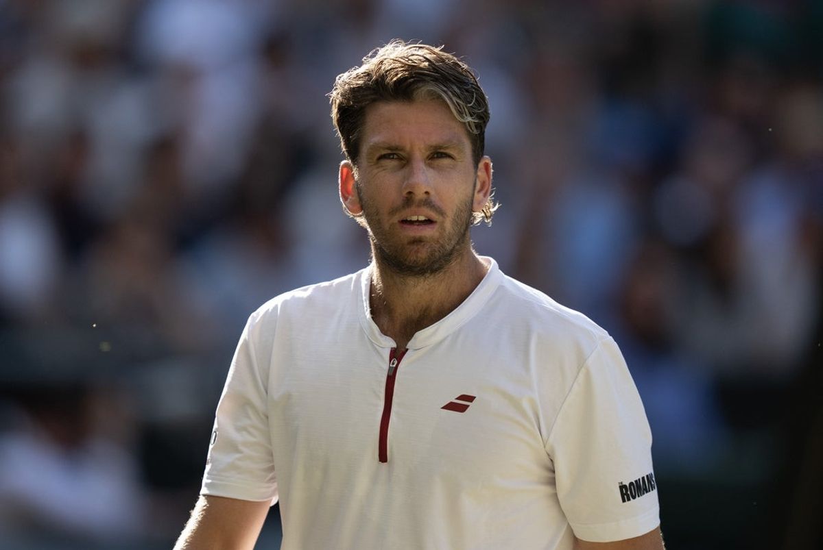 Jul 8, 2025; Wimbledon, United Kingdom; Cameron Norrie of Great Britain during  his match against Carlos Alcaraz of Spain on day nine at All England Lawn Tennis and Croquet Club. Mandatory Credit: Susan Mullane-Imagn Images