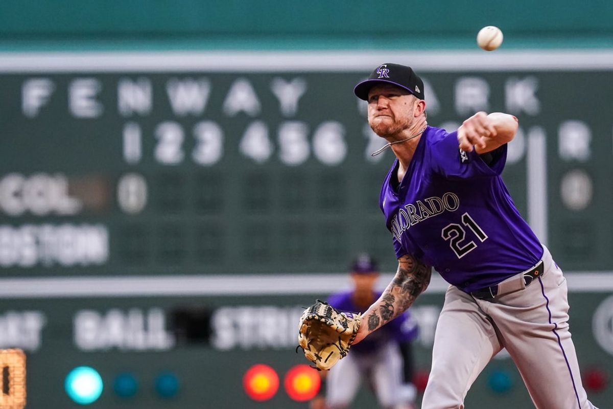 Jul 8, 2025; Boston, Massachusetts, USA; Colorado Rockies pitcher Kyle Freeland (21) throws a pitch against the Boston Red Sox in the first inning at Fenway Park. Mandatory Credit: David Butler II-Imagn Images