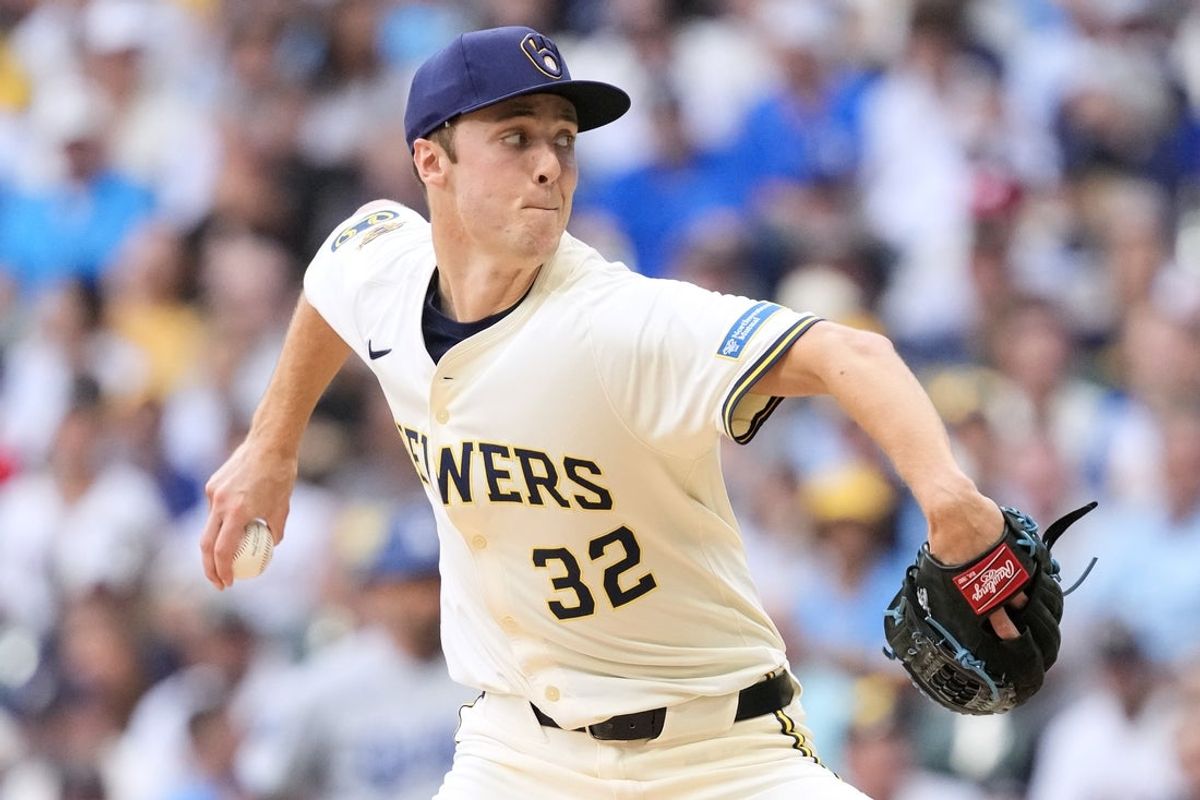 Jul 8, 2025; Milwaukee, Wisconsin, USA;  Milwaukee Brewers pitcher Jacob Misiorowski (32) throws a pitch during the first inning against the Los Angeles Dodgers at American Family Field. Mandatory Credit: Jeff Hanisch-Imagn Images