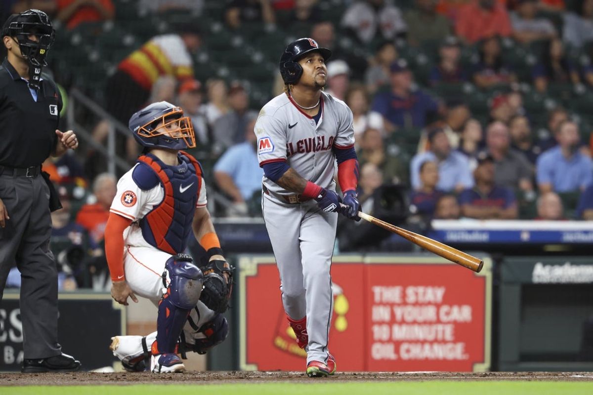 Jul 8, 2025; Houston, Texas, USA; Cleveland Guardians designated hitter Jose Ramirez (11) hits a two-run home run during the first inning against the Houston Astros at Daikin Park. Mandatory Credit: Troy Taormina-Imagn Images