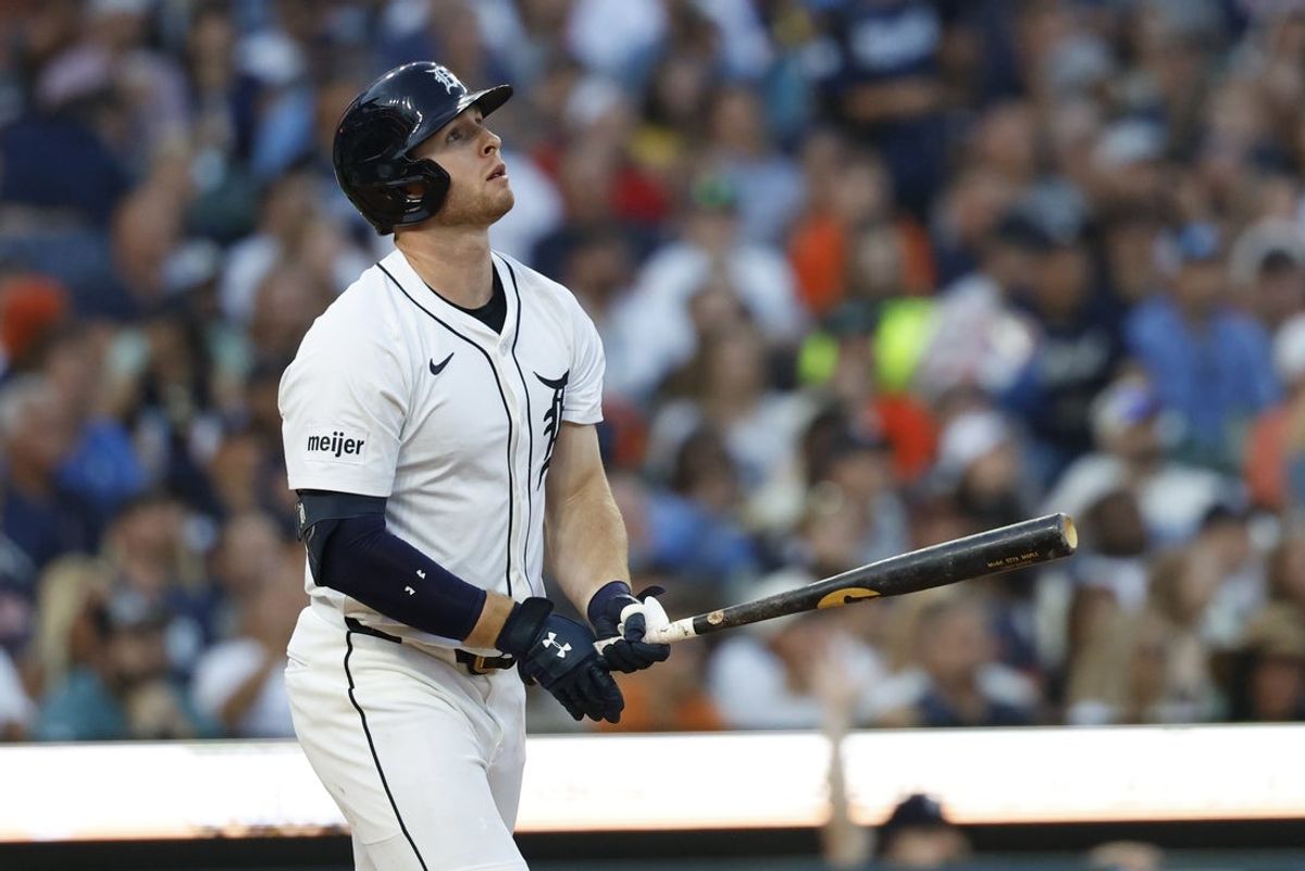 Jul 8, 2025; Detroit, Michigan, USA;  Detroit Tigers designated hitter Colt Keith (33) hits a two run home run in the seventh inning against the Tampa Bay Rays at Comerica Park. Mandatory Credit: Rick Osentoski-Imagn Images