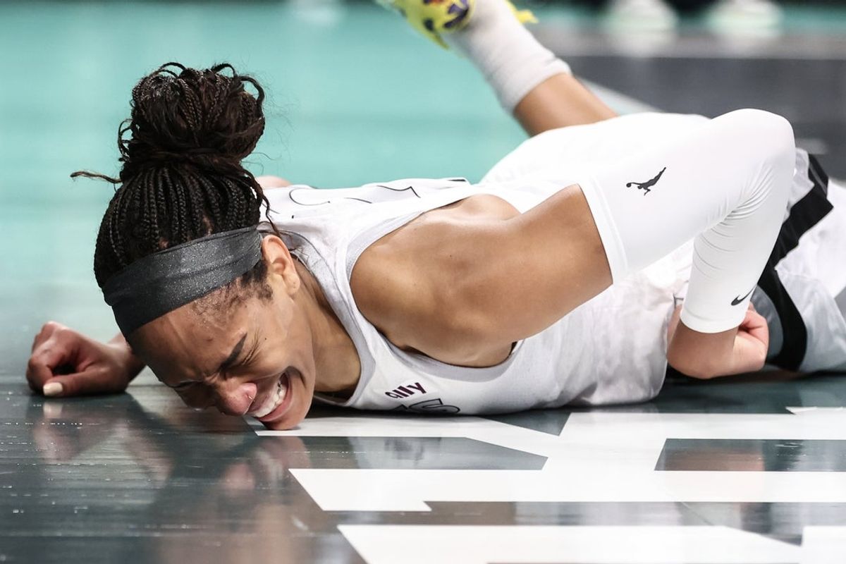 Jul 8, 2025; Brooklyn, New York, USA;  Las Vegas Aces center A'ja Wilson (22) reacts after getting fouled in the first quarter against the New York Liberty at Barclays Center. Mandatory Credit: Wendell Cruz-Imagn Images