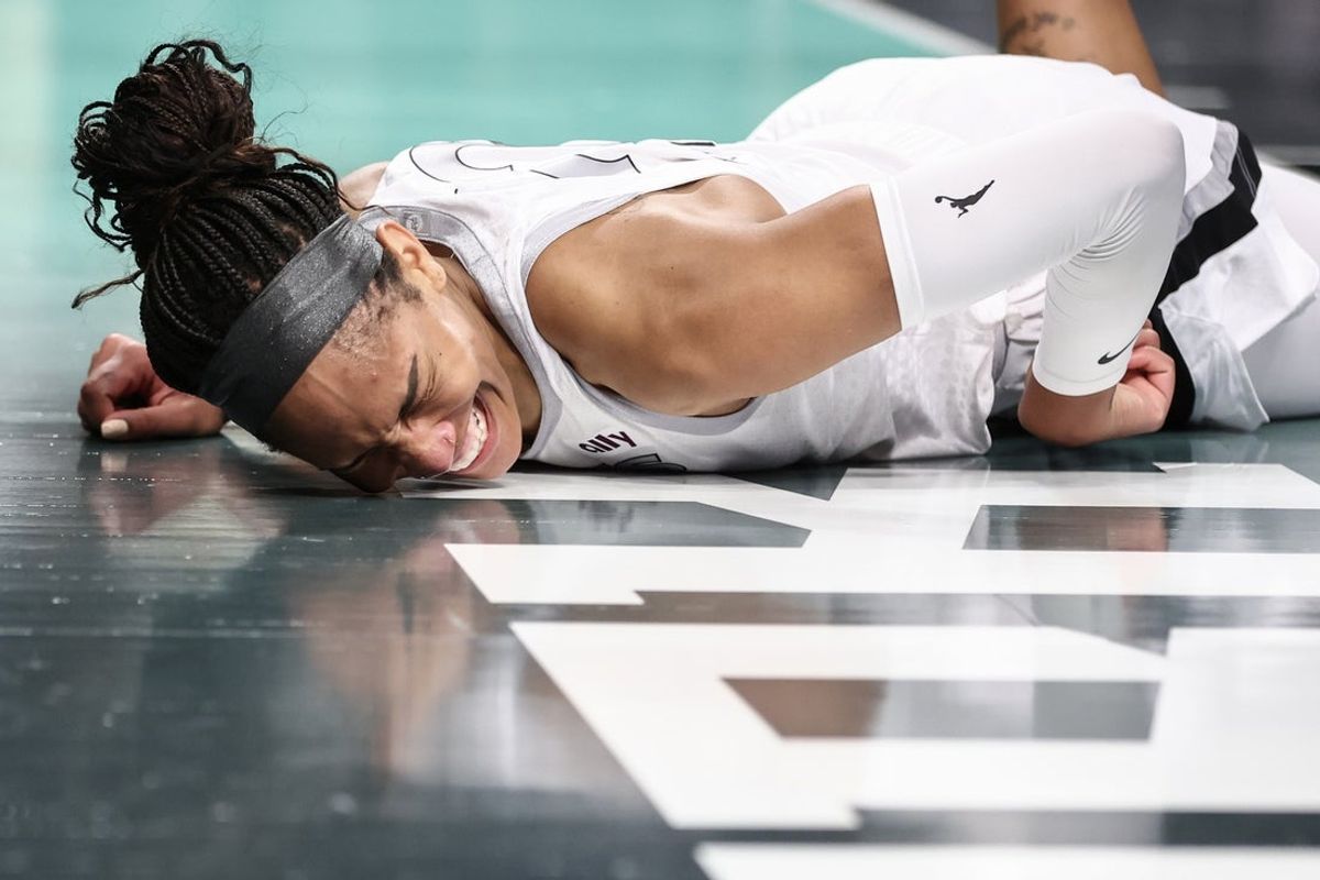 Jul 8, 2025; Brooklyn, New York, USA;  Las Vegas Aces center A'ja Wilson (22) reacts after getting fouled in the first quarter against the New York Liberty at Barclays Center. Mandatory Credit: Wendell Cruz-Imagn Images