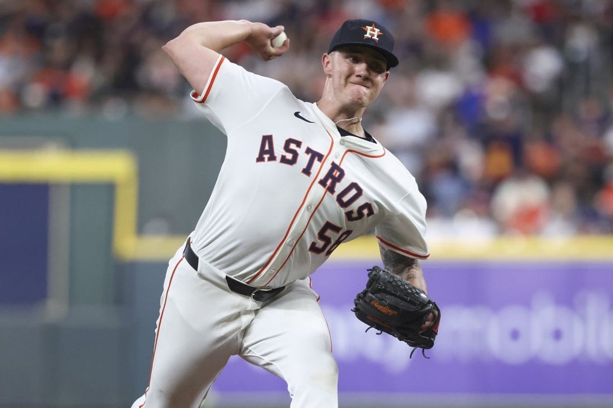 Jul 8, 2025; Houston, Texas, USA; Houston Astros starting pitcher Hunter Brown (58) delivers a pitch during the third inning against the Cleveland Guardians at Daikin Park. Mandatory Credit: Troy Taormina-Imagn Images