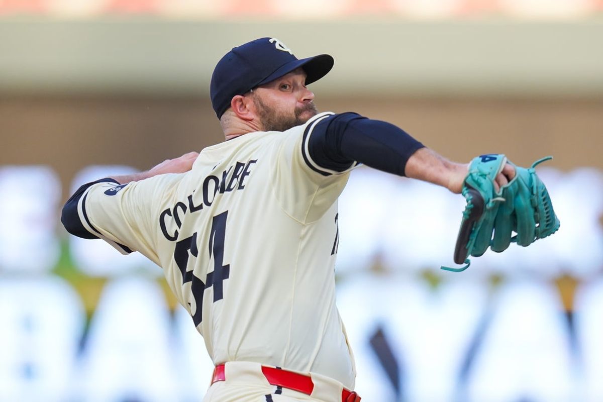 Jul 8, 2025; Minneapolis, Minnesota, USA;  Minnesota Twins pitcher Danny Coulombe (54) pitches against the Chicago Cubs in the sixth inning at Target Field. Mandatory Credit: Brad Rempel-Imagn Images