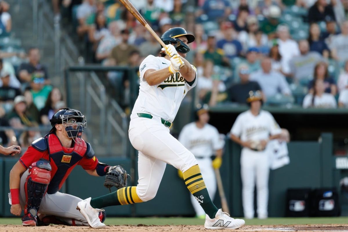 Jul 8, 2025; West Sacramento, California, USA; Athletics first baseman Nick Kurtz (16) hits a grand slam during the second inning against Atlanta Braves pitcher Jesse Chavez (60) at Sutter Health Park. Mandatory Credit: Sergio Estrada-Imagn Images