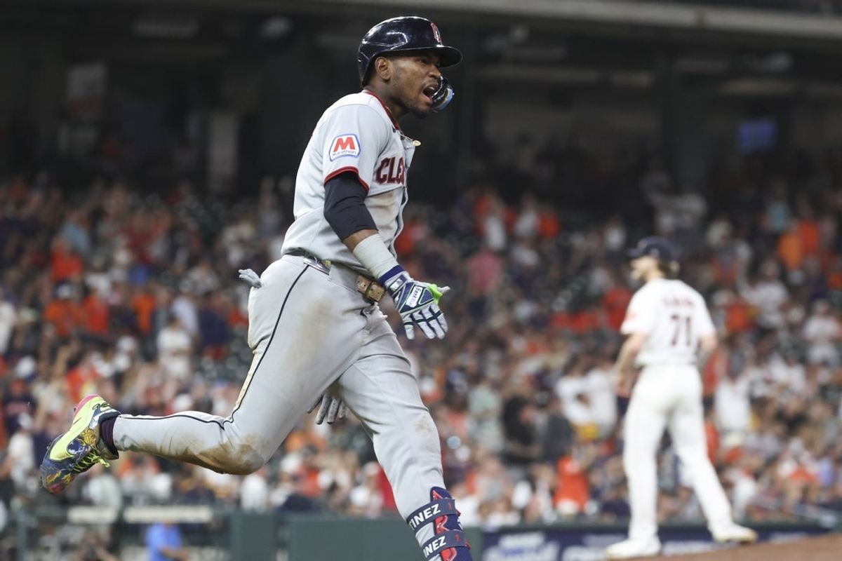 Jul 8, 2025; Houston, Texas, USA; Cleveland Guardians second baseman Angel Martinez (1) hits a grand slam home run during the tenth inning against the Houston Astros at Daikin Park. Mandatory Credit: Troy Taormina-Imagn Images
