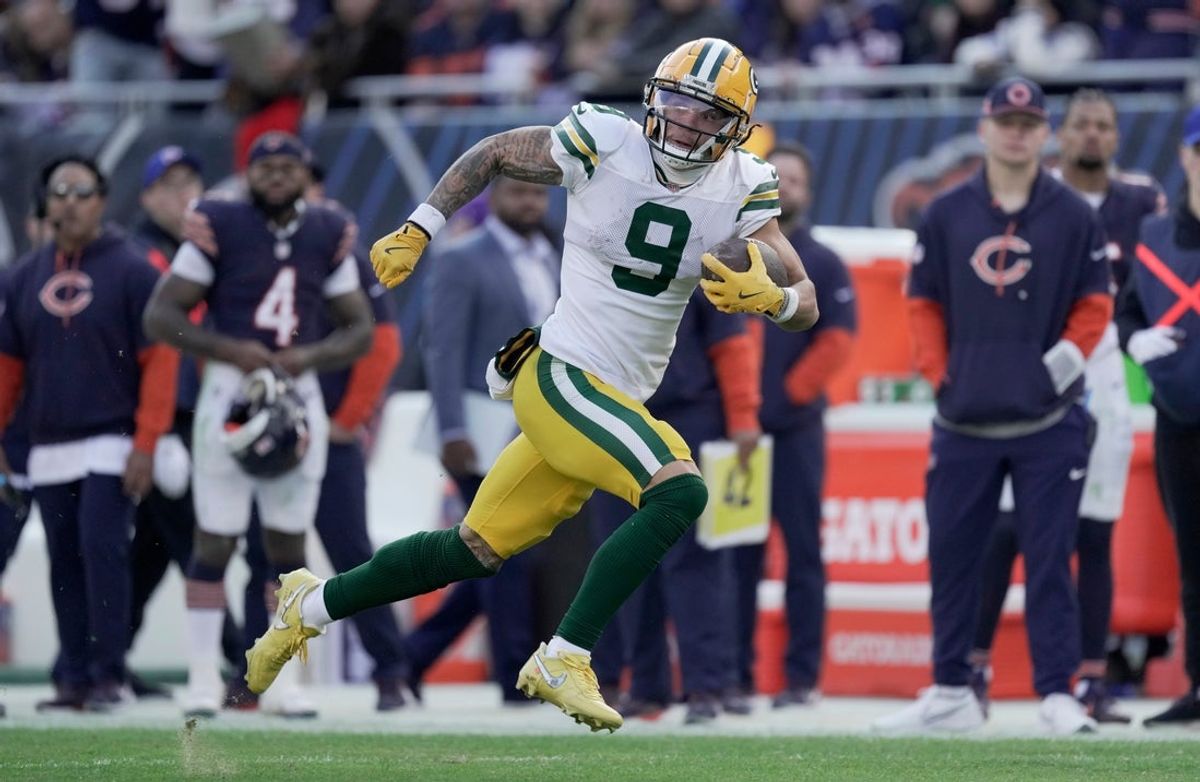 Green Bay Packers wide receiver Christian Watson (9) makes a 60-yard reception during the fourth quarter of their game Sunday, November 17, 2024 at Solider Field in Chicago, Illinois. The Green Bay Packers beat the Chicago Bears 20-19.