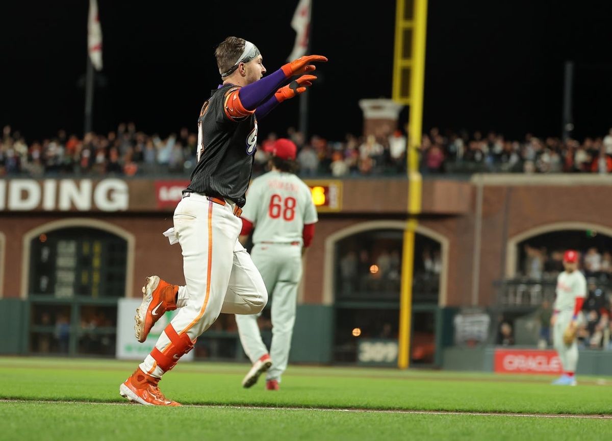 Jul 8, 2025; San Francisco, California, USA; San Francisco Giants catcher Patrick Bailey (14) runs home after hitting a three-run home run off Philadelphia Phillies relief pitcher Jordan Romano (68) for a walk-off win during the ninth inning at Oracle Park. Mandatory Credit: Kelley L Cox-Imagn Images