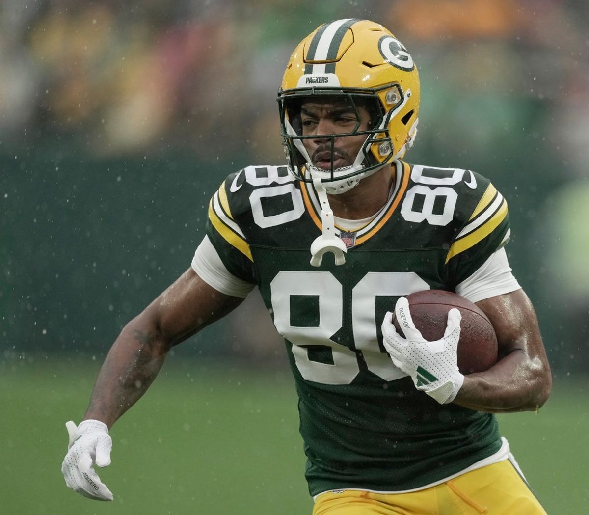 Green Bay Packers wide receiver Bo Melton (80) is shown during the first quarter of their game Sunday, October 13, 2024 at Lambeau Field in Green Bay, Wisconsin. The Green Bay Packers beat the Arizona Cardinals 34-13.