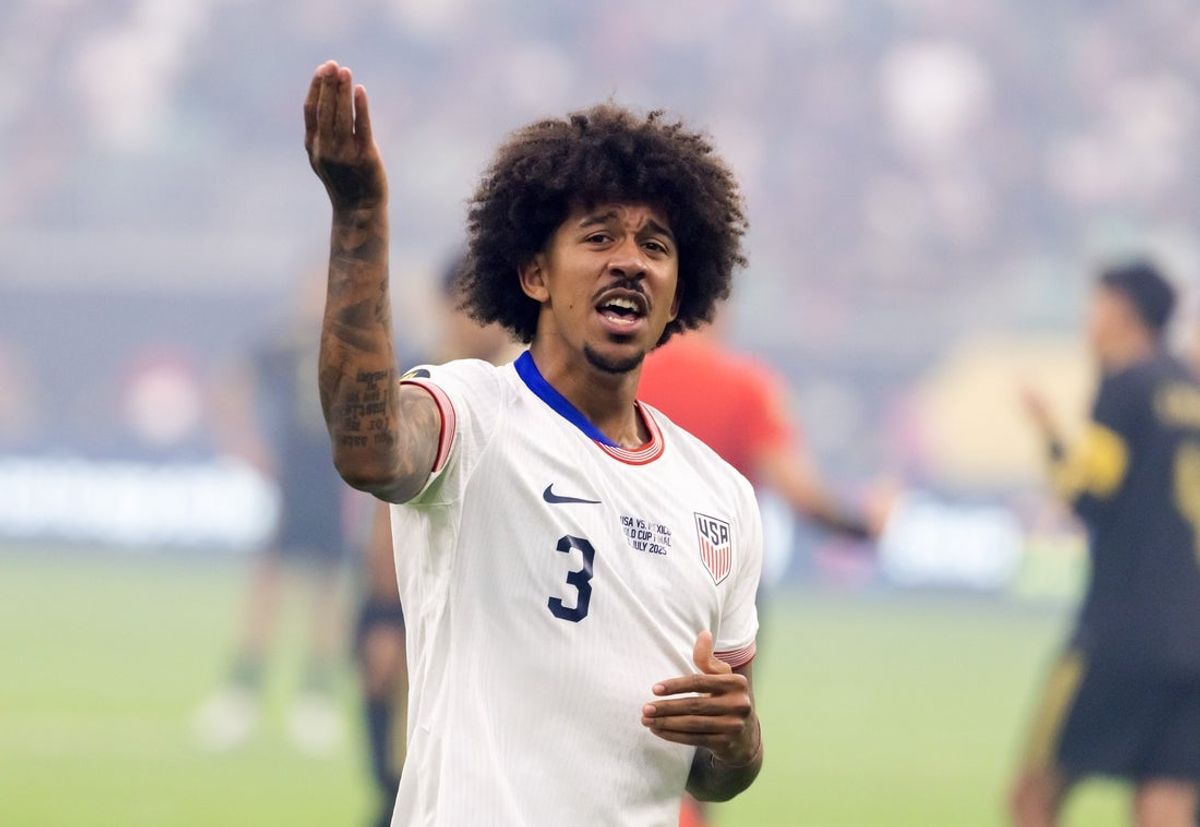 Jul 6, 2025; Houston, Texas, USA; United States defender Chris Richards (3) celebrates after scoring a goal against Mexico during the 2025 Gold Cup Final at NRG Stadium. Mandatory Credit: Mark J. Rebilas-Imagn Images