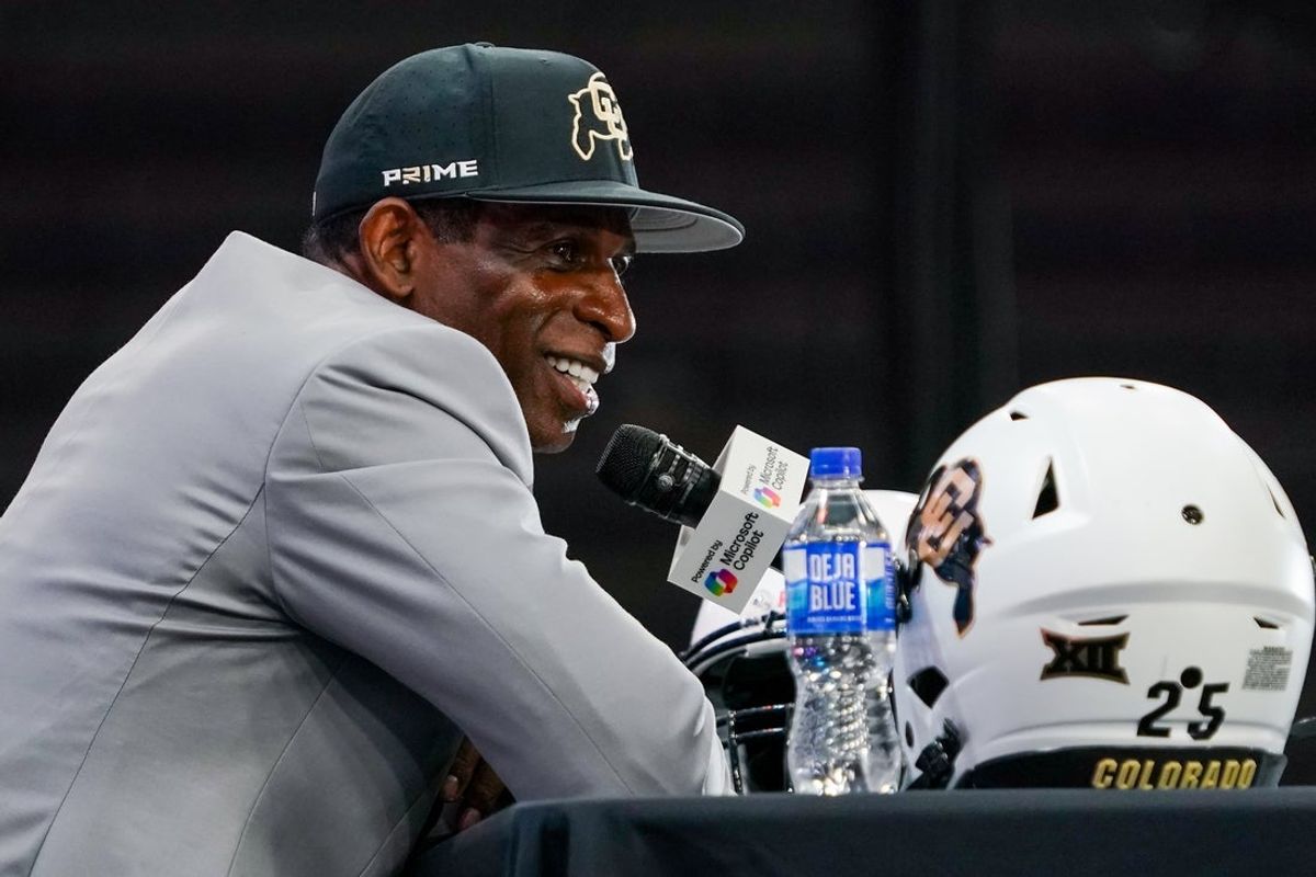 Jul 9, 2025; Frisco, TX, USA; Colorado head coach Deion Sanders speaks with the media during 2025 Big 12 Football Media Days at The Star. Mandatory Credit: Raymond Carlin III-Imagn Images