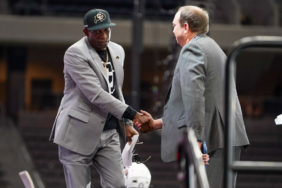 Jul 9, 2025; Frisco, TX, USA; Colorado head coach Deion Sanders leaves the stage after speaking with the media during 2025 Big 12 Football Media Days at The Star. Mandatory Credit: Raymond Carlin III-Imagn Images