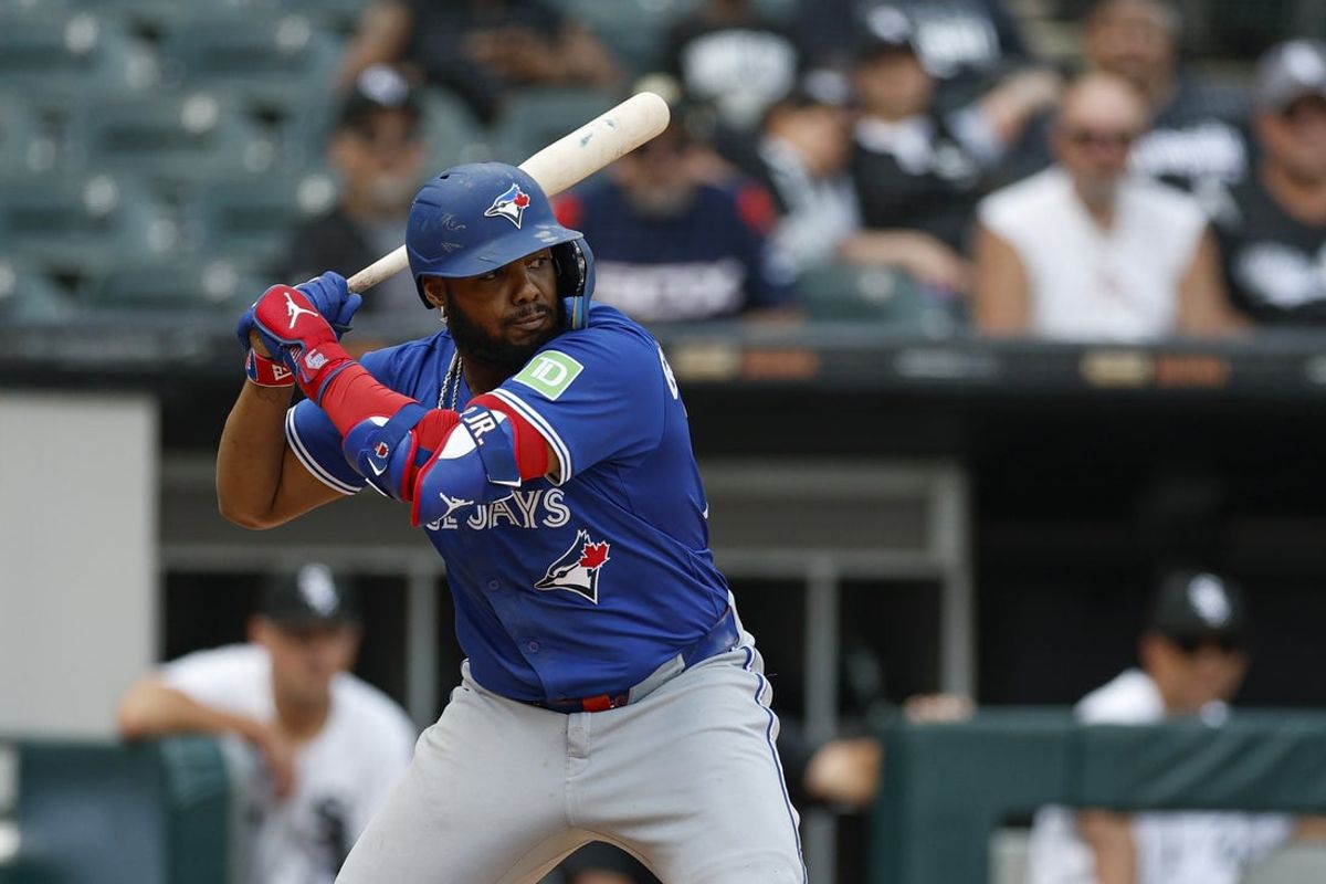 Jul 9, 2025; Chicago, Illinois, USA; Toronto Blue Jays designated hitter Vladimir Guerrero Jr. (27) bats against the Chicago White Sox during the eight inning at Rate Field. Mandatory Credit: Kamil Krzaczynski-Imagn Images