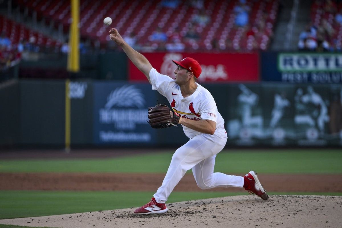 Jul 9, 2025; St. Louis, Missouri, USA;  St. Louis Cardinals starting pitcher Andre Pallante (53) pitches against the Washington Nationals during the second inning at Busch Stadium. Mandatory Credit: Jeff Curry-Imagn Images