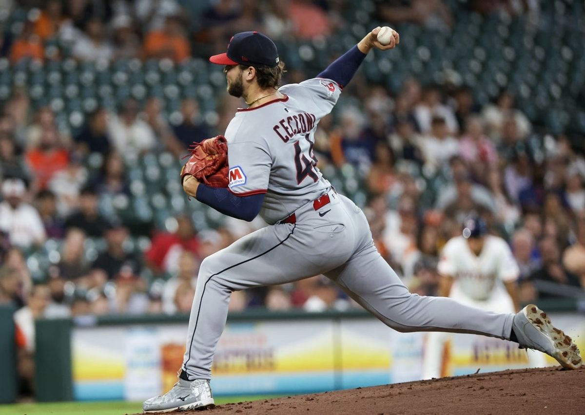 Jul 9, 2025; Houston, Texas, USA; Cleveland Guardians starting pitcher Slade Cecconi (44) pitches against the Houston Astros in the first inning at Daikin Park. Mandatory Credit: Thomas Shea-Imagn Images