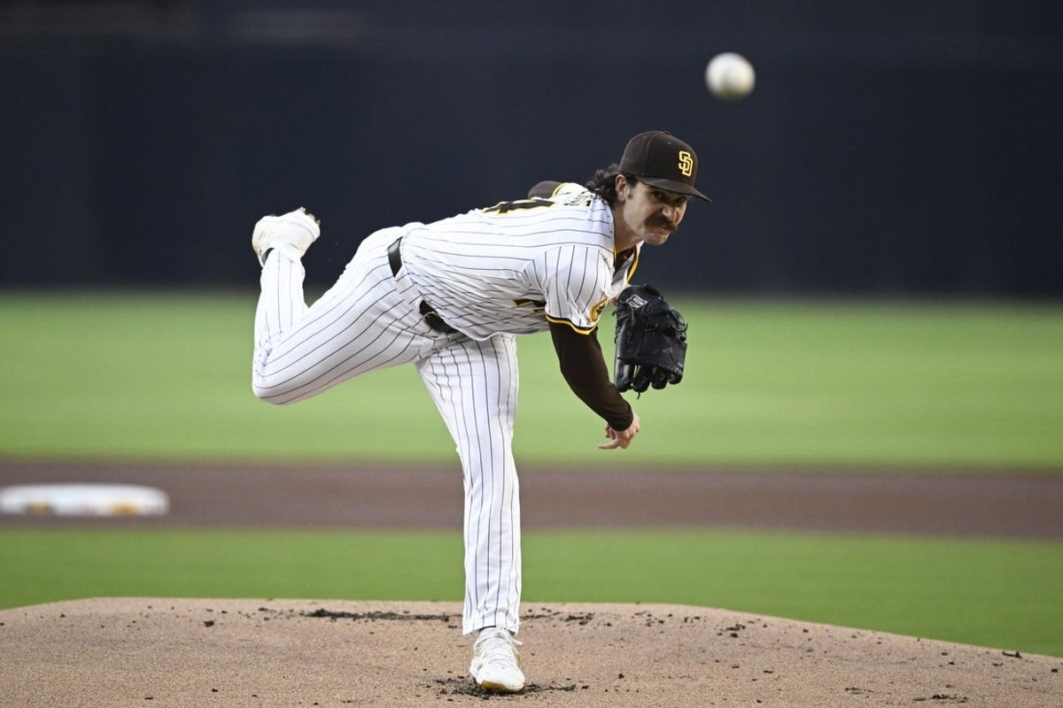 Jul 9, 2025; San Diego, California, USA; San Diego Padres starting pitcher Dylan Cease (84) delivers during the first inning against the Arizona Diamondbacks at Petco Park. Mandatory Credit: Denis Poroy-Imagn Images