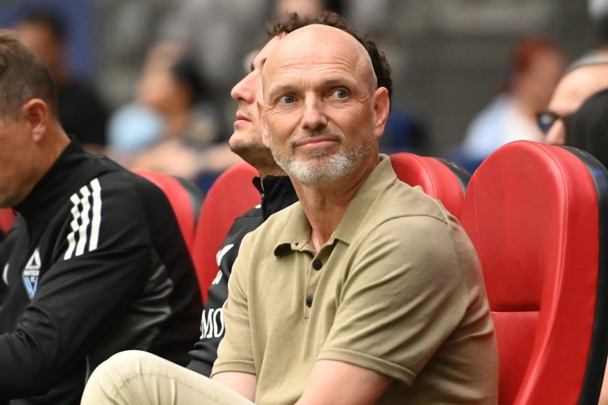 Jul 9, 2025; Vancouver, British Columbia, CAN;  Vancouver Whitecaps FC head coach Jesper Sorensen looks on prior to the first half against Valour FC at BC Place. Mandatory Credit: Simon Fearn-Imagn Images