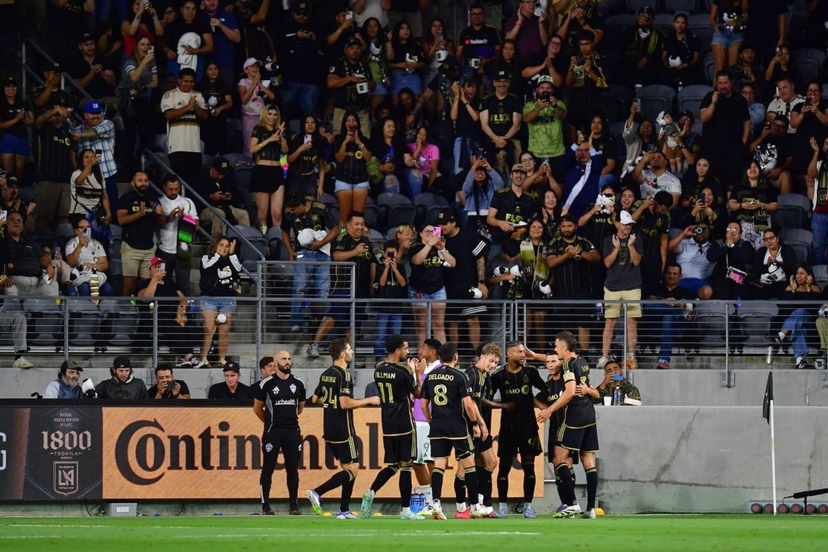 Jul 9, 2025; Los Angeles, California, USA; LAFC forward Denis Bouanga (99) celebrates his goal scored against the Colorado Rapids during the first half at BMO Stadium. Mandatory Credit: Gary A. Vasquez-Imagn Images