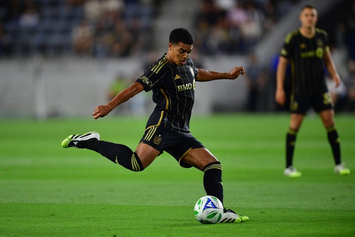 Jul 9, 2025; Los Angeles, California, USA; LAFC midfielder Igor Jesus (6) passes the ball against the Colorado Rapids during the second half at BMO Stadium. Mandatory Credit: Gary A. Vasquez-Imagn Images