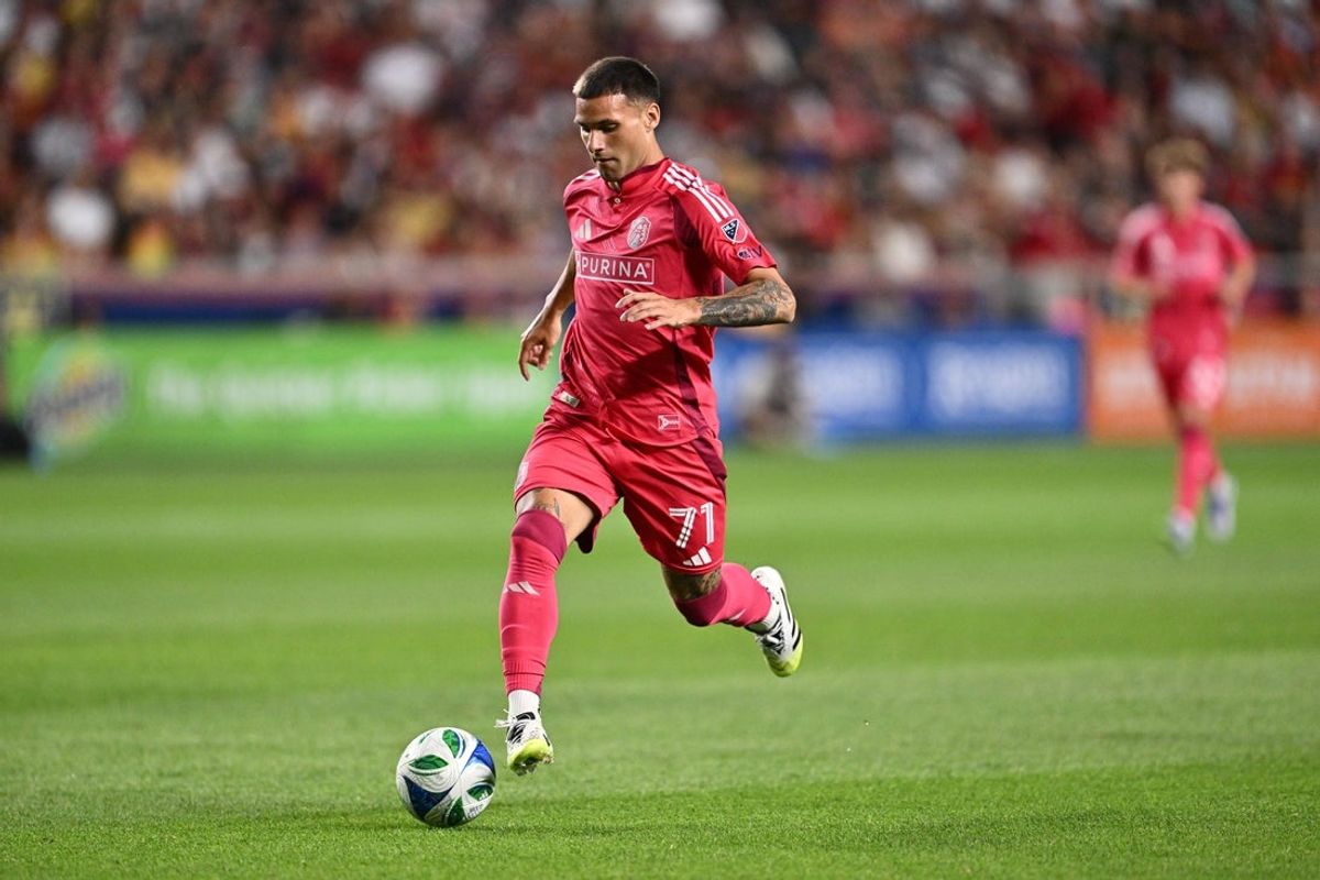 Jul 5, 2025; Sandy, Utah, USA;  St. Louis City SC defender Joseph Zalinsky (71) controls the ball against Real Salt Lake at America First Field. Mandatory Credit: Jamie Sabau-Imagn Images