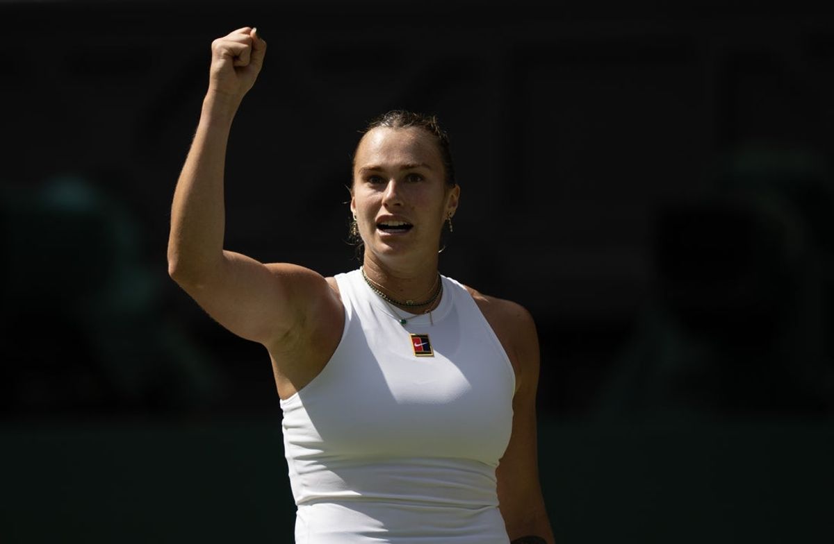 Jul 10, 2025; Wimbledon, United Kingdom; Aryna Sabalenka reacts to a point during her match against Amanda Anisimova of the United States on day 11 at All England Lawn Tennis and Croquet Club. Mandatory Credit: Susan Mullane-Imagn Images
