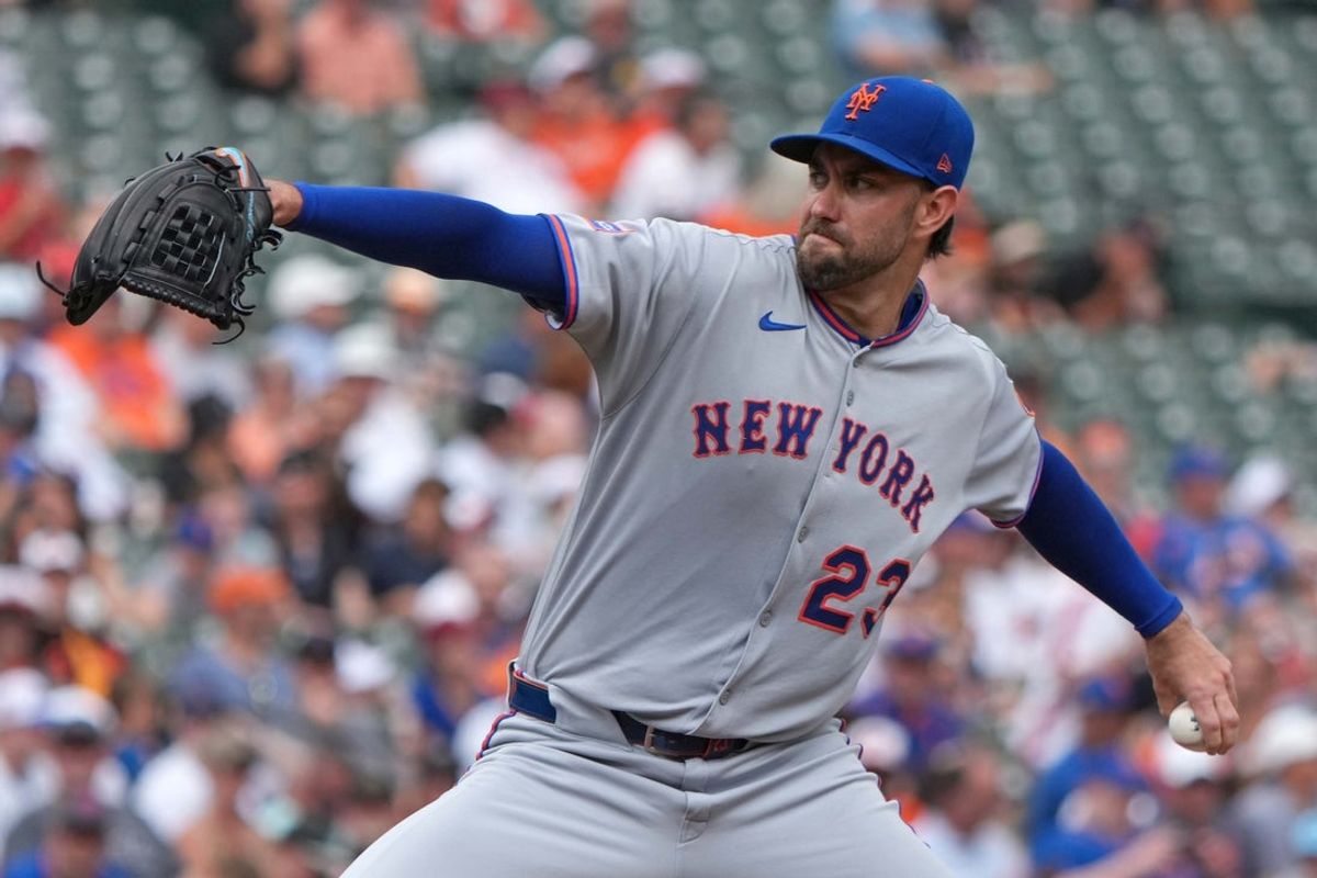 Jul 10, 2025; Baltimore, Maryland, USA;  New York Mets pitcher David Peterson (23) delivers during the second inning against the Baltimore Orioles at Oriole Park at Camden Yards. Mandatory Credit: Mitch Stringer-Imagn Images