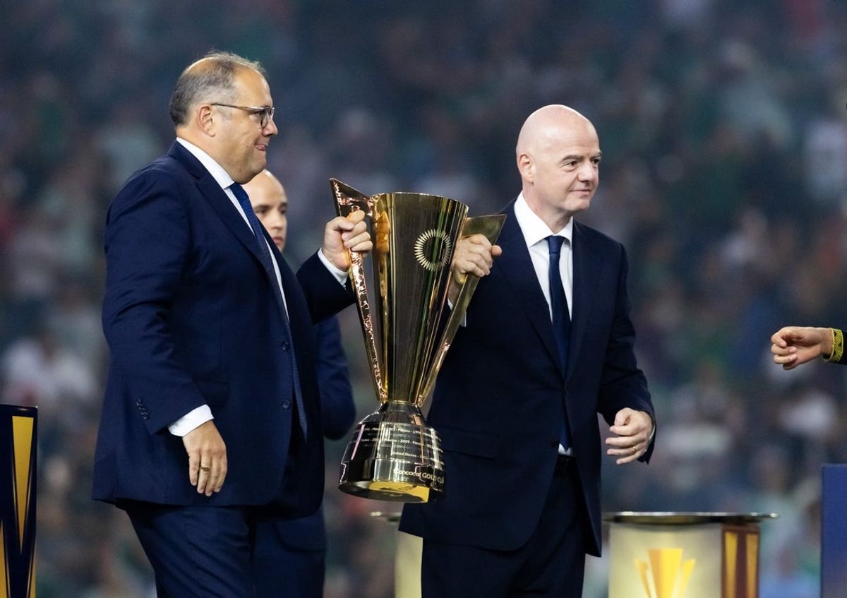 Jul 6, 2025; Houston, Texas, USA; CONCACAF President Victor Montagliani (left) with FIFA President Gianni Infantino in attendance of the Mexico game against the United States during the 2025 Gold Cup Final at NRG Stadium. Mandatory Credit: Mark J. Rebilas-Imagn Images