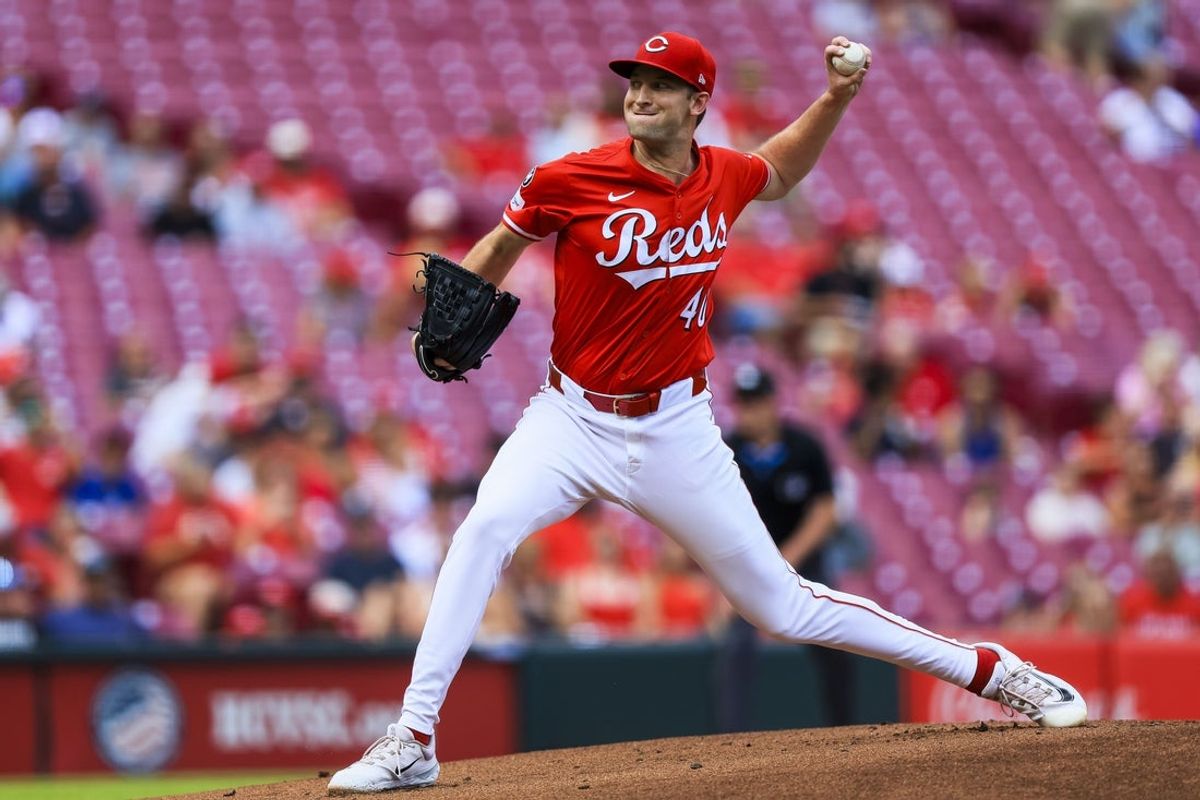 Jul 10, 2025; Cincinnati, Ohio, USA; Cincinnati Reds starting pitcher Nick Lodolo (40) pitches against the Miami Marlins in the first inning at Great American Ball Park. Mandatory Credit: Katie Stratman-Imagn Images
