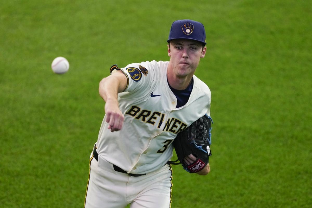 Jul 8, 2025; Milwaukee, Wisconsin, USA;  Milwaukee Brewers pitcher Jacob Misiorowski (32) during warmups prior to the game against the Los Angeles Dodgers at American Family Field. Mandatory Credit: Jeff Hanisch-Imagn Images