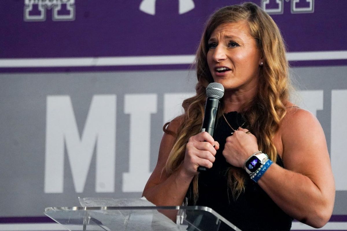UFC champion Kayla Harrison gives a speech during a homecoming rally, Thursday, July 10, 2025, at Middletown High School in Middletown.